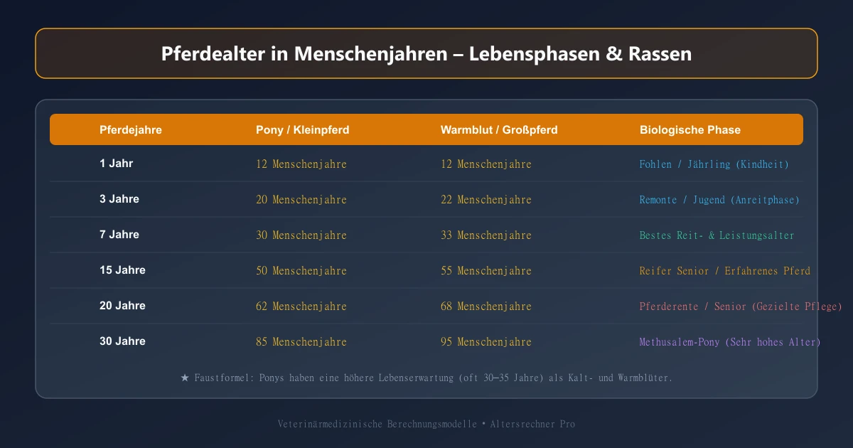 Pferdealter in Menschenjahren Tabelle und Lebensphasen von Fohlen bis Senior